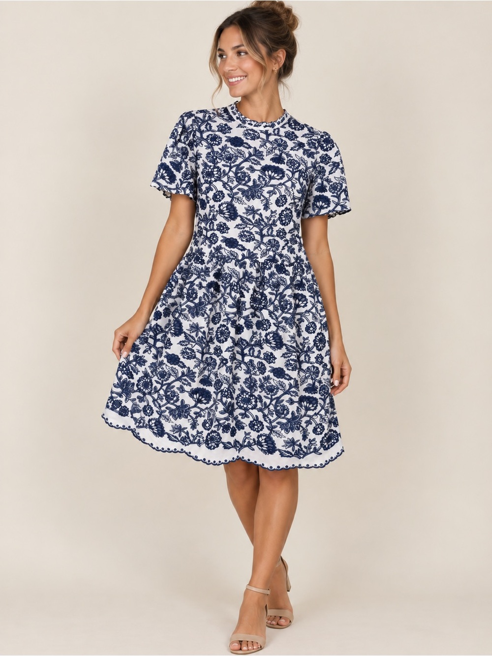 Michael Kors White Navy Floral Eyelet Fit & Flare Dress Size 4 NWT $295